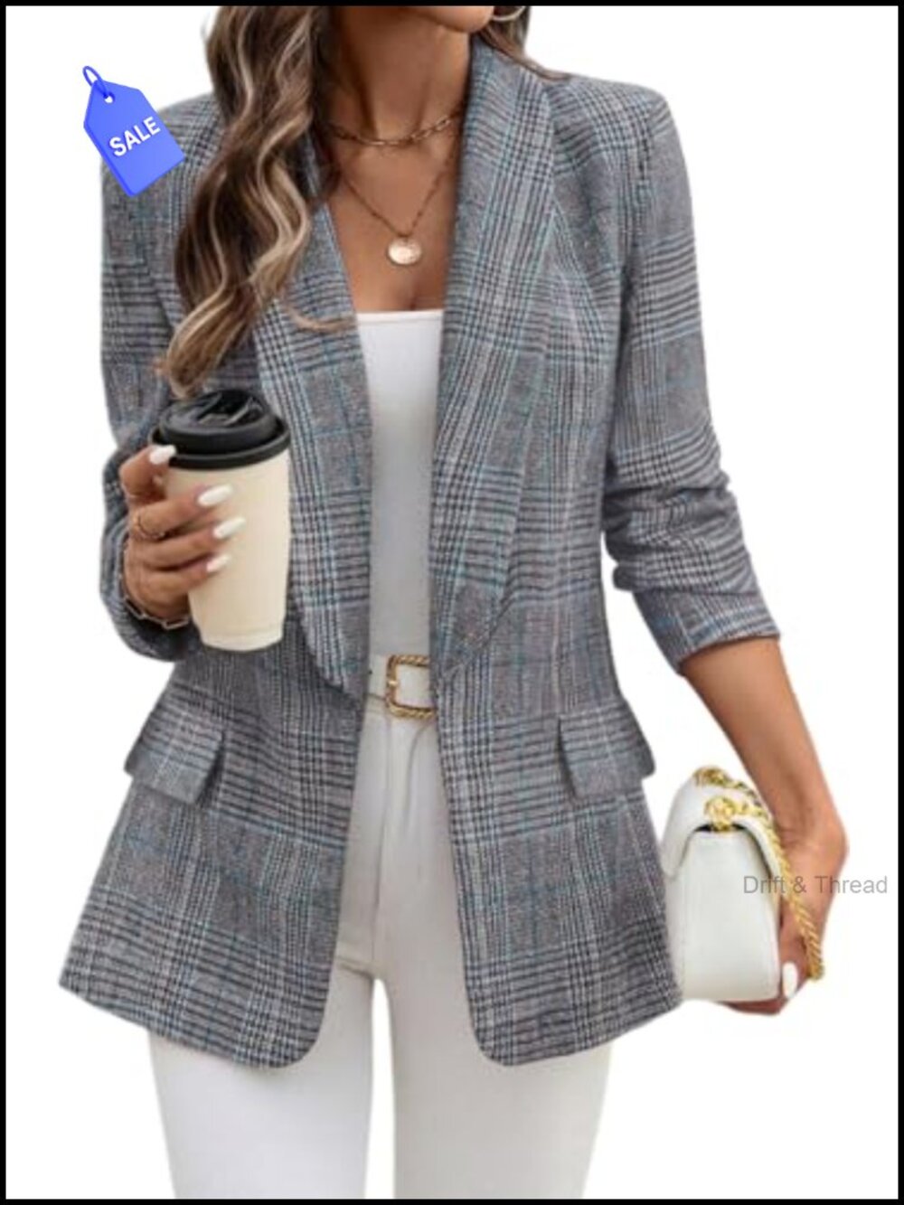 Shawl Collar Plaid Blazer Open Front Business Casual